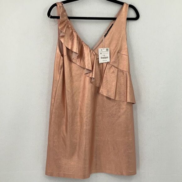 Zara Rose Gold Metallic Ruffle Mini Dress Size Medium - Picture 2 of 16